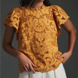Anthropologie Mustard Floral Lace Blouse